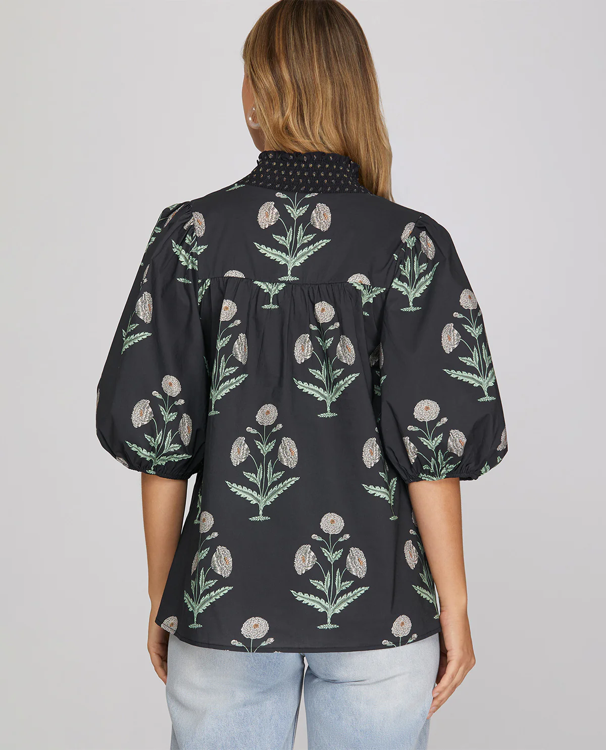 She & Sky Smock Neck Print Top Charcoal Navy - Image 2