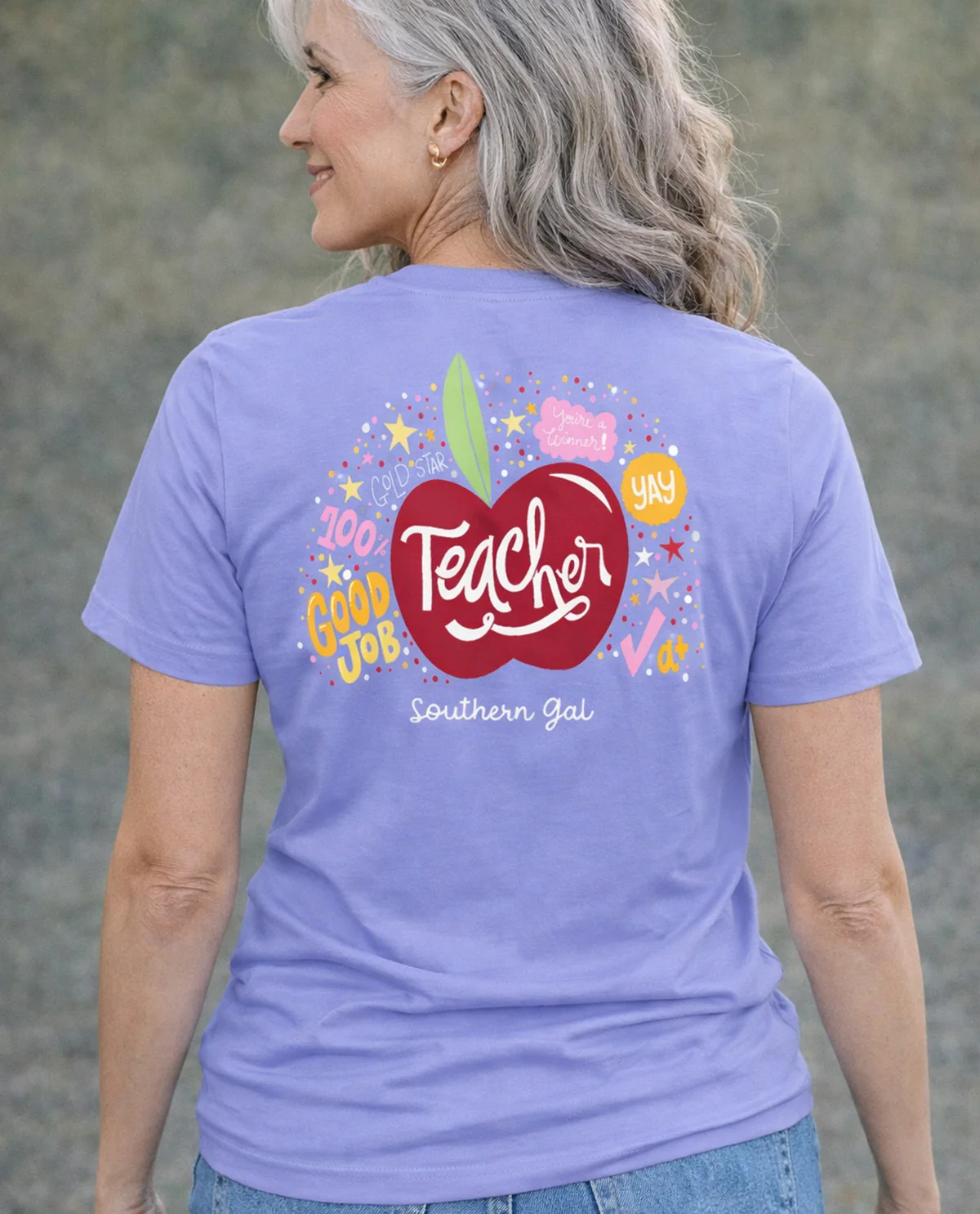 Southern Gal Teacher Apple Short Sleeve Screen Tee Violet