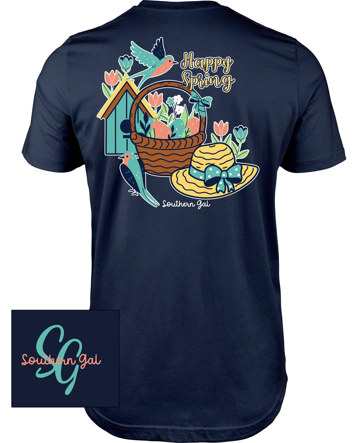 Southern Gal Happy Spring Short Sleeve Screen Tee Navy