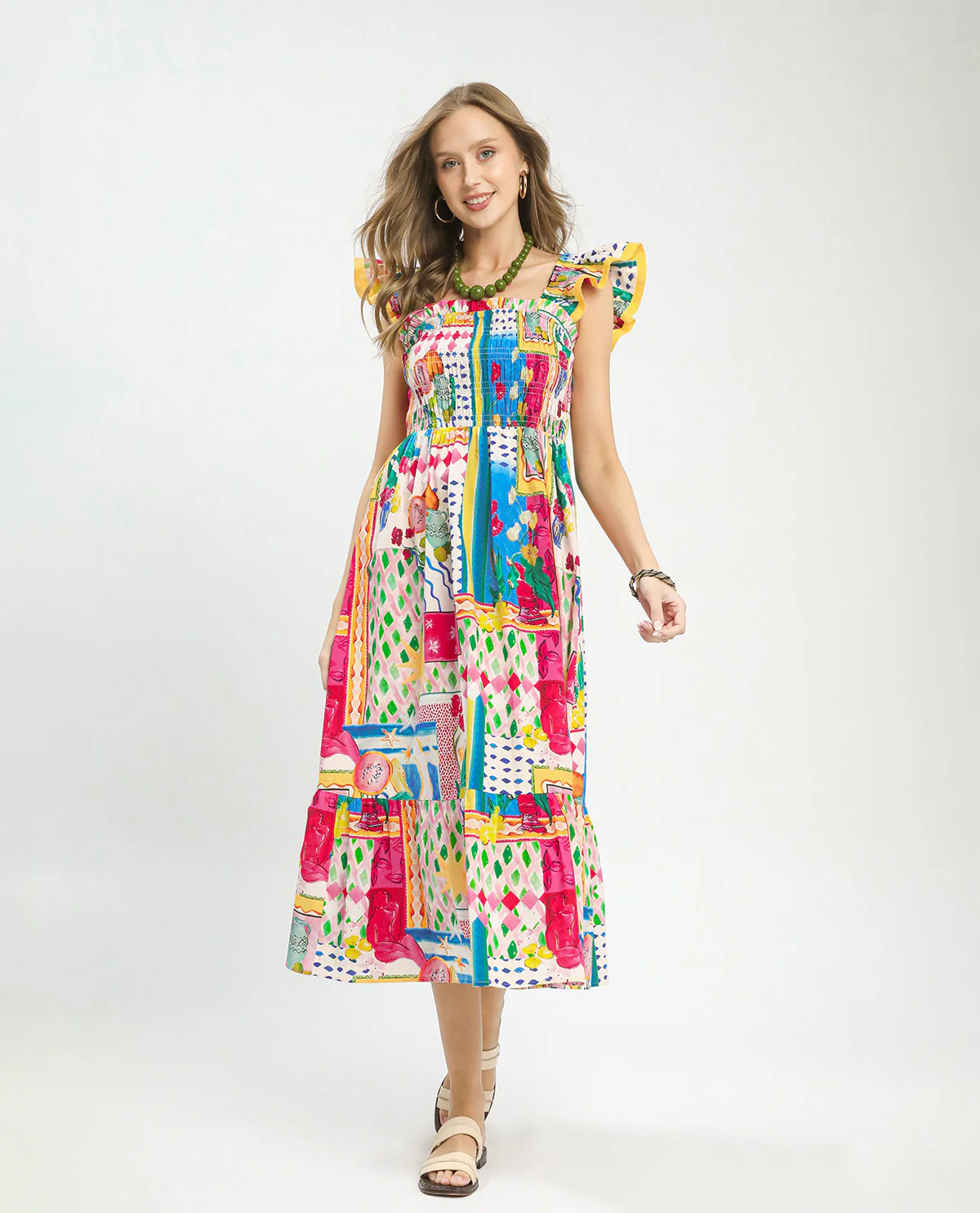 Umgee Abstract Print Smocked Dress Multi