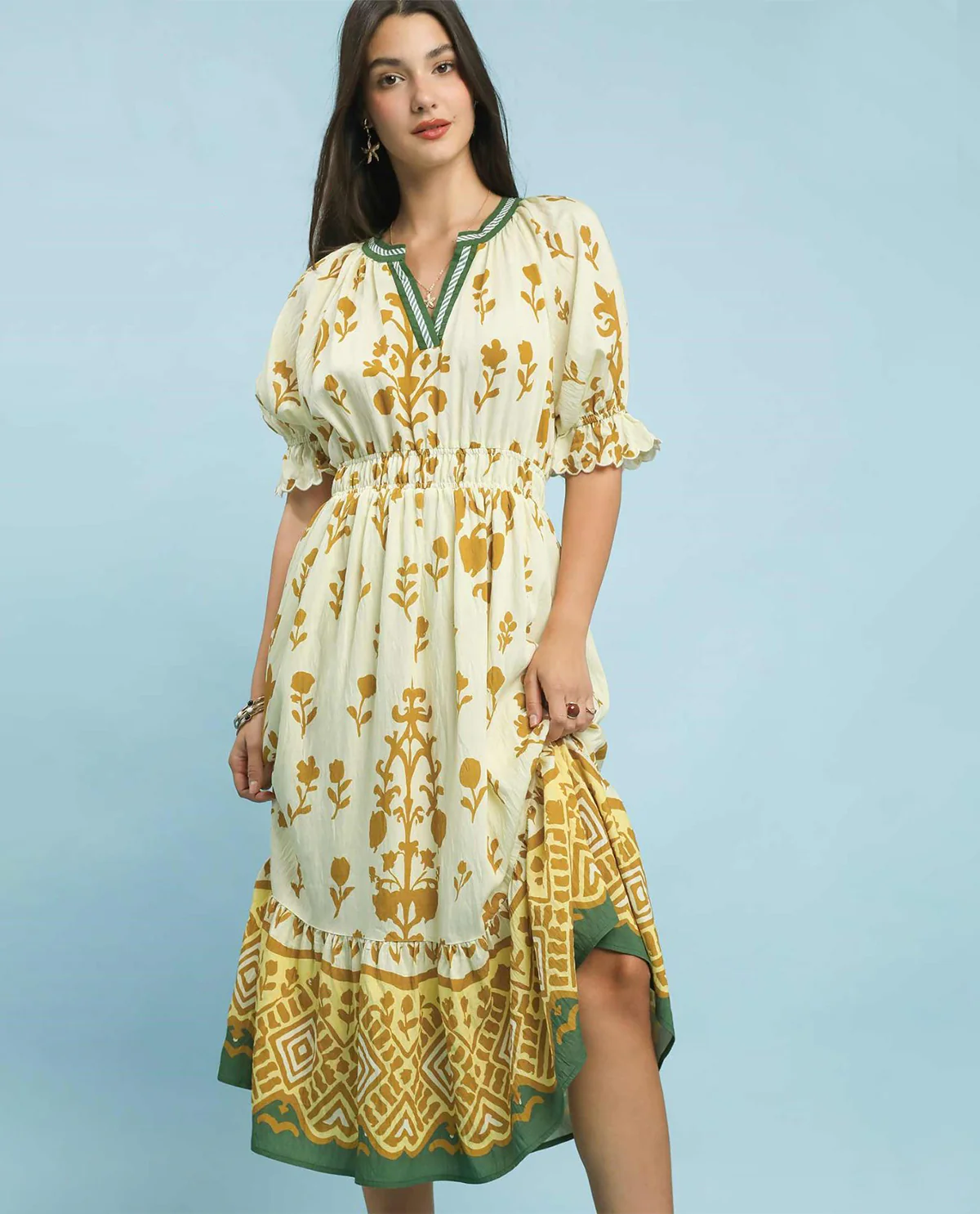Umgee Border Print Dress Butter