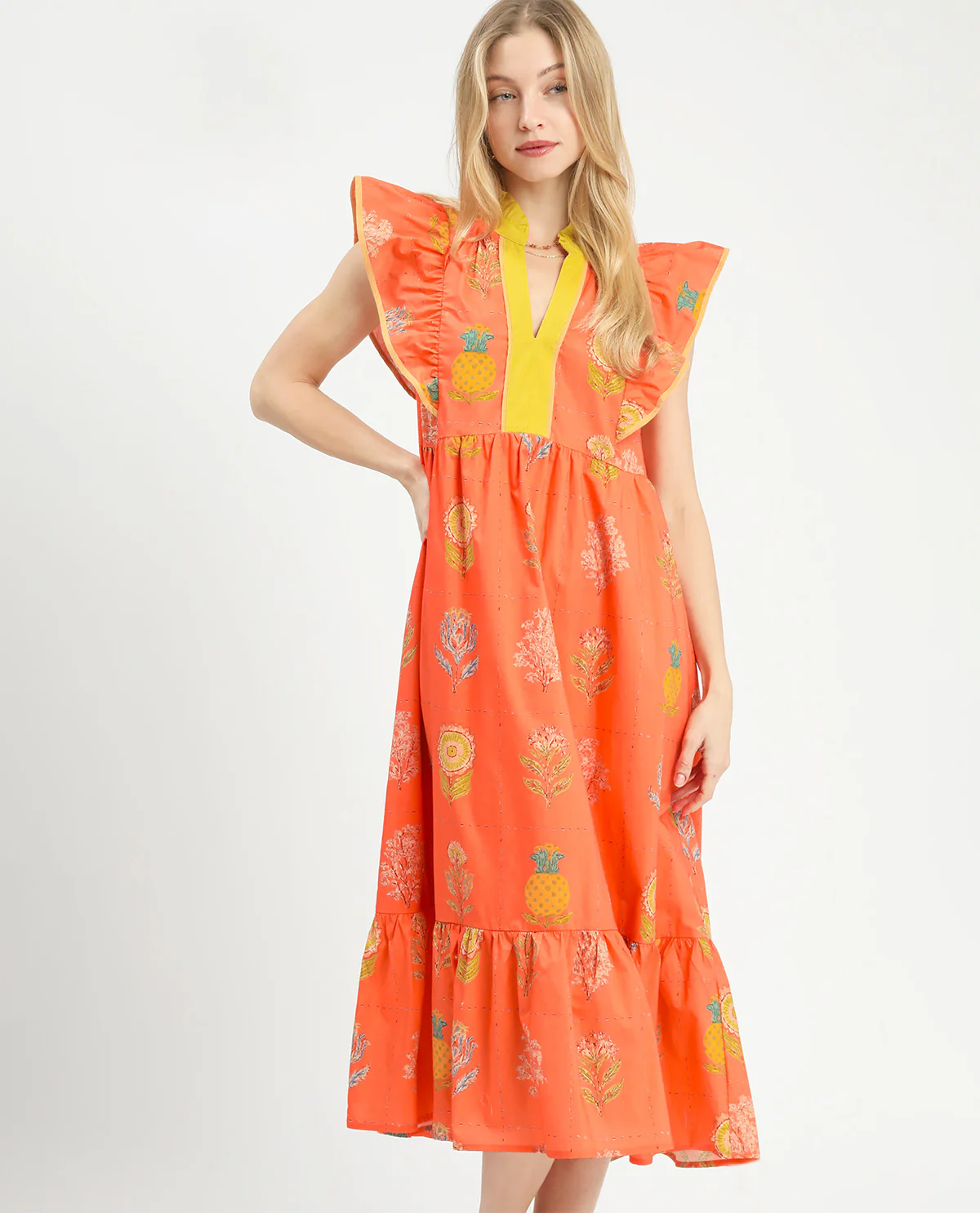 Umgee Botanical Print Dress With Contrast Tangerine