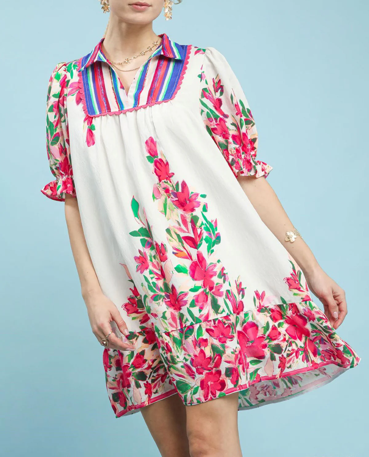 Umgee Collar V-Neck Ruffle Dress Rose