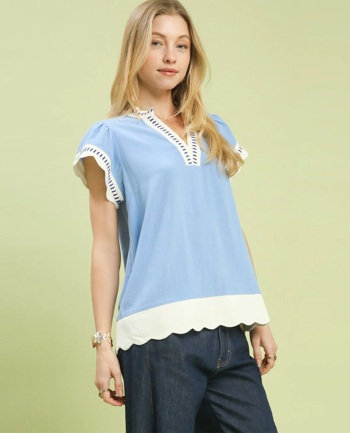 Umgee Color Block Top With Ruffle Short Sleeves Periwinkle