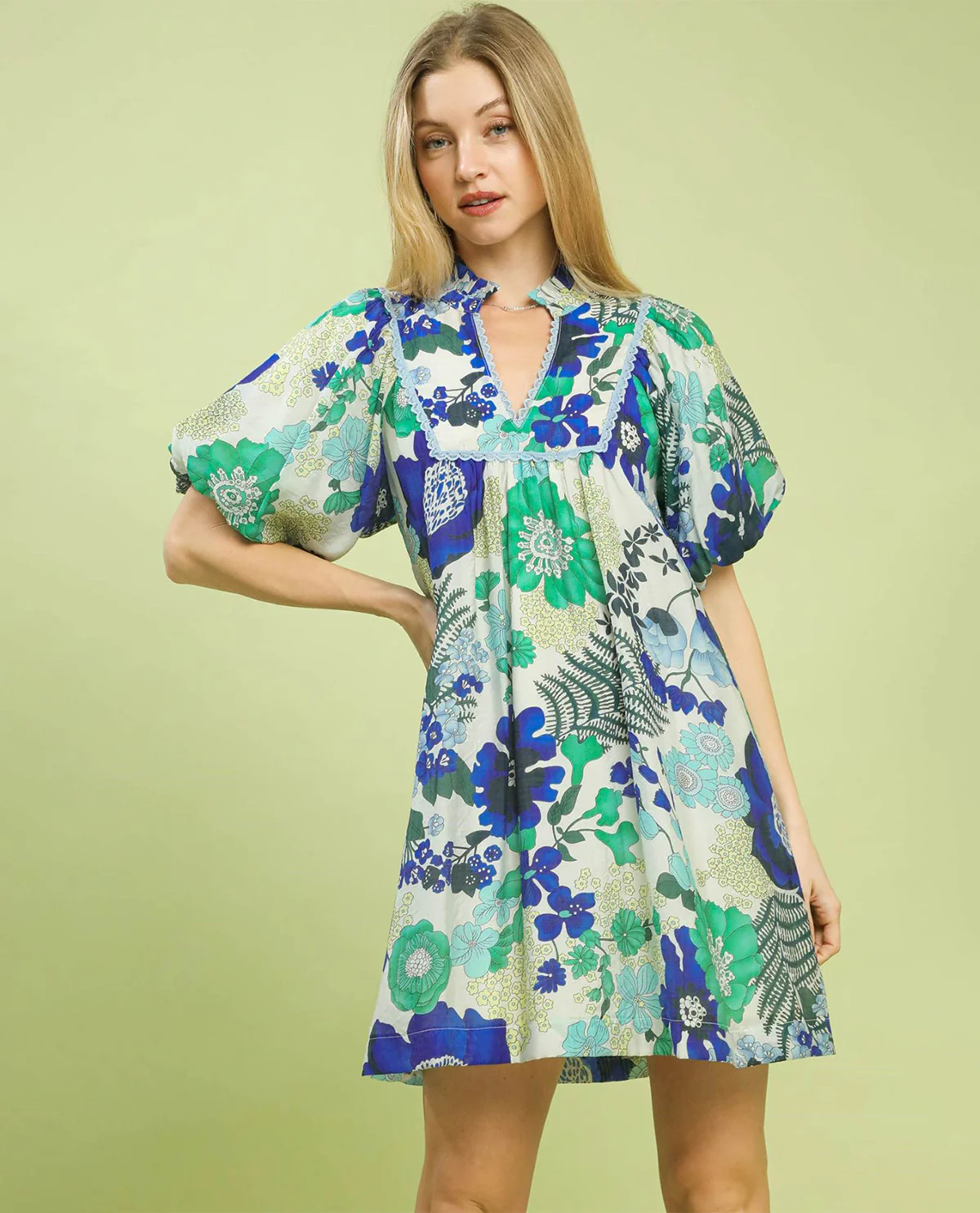 Umgee Floral Print Ruffle Neck Dress Blue