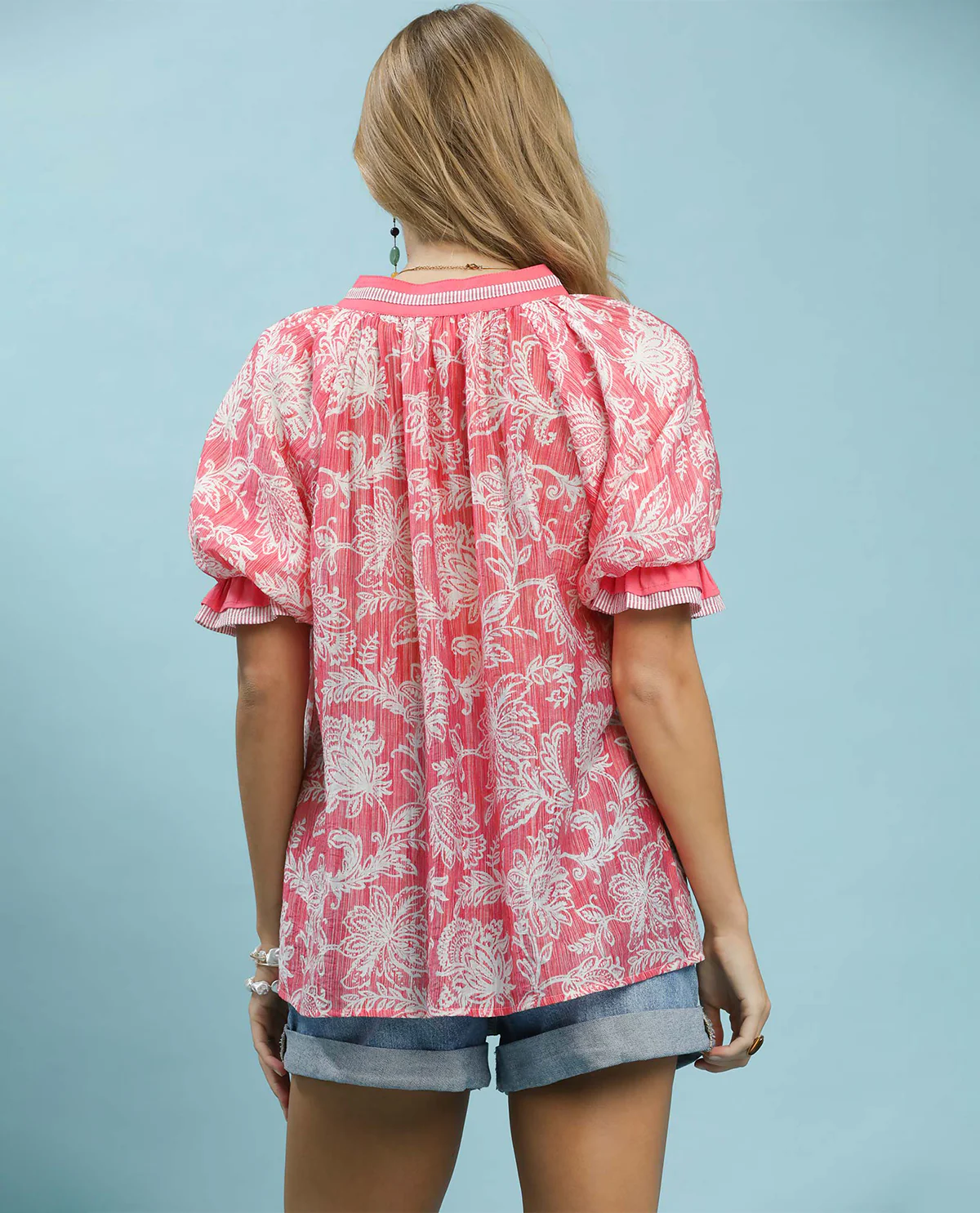 Umgee Floral Print Top With Solid Trim Berry - Image 3