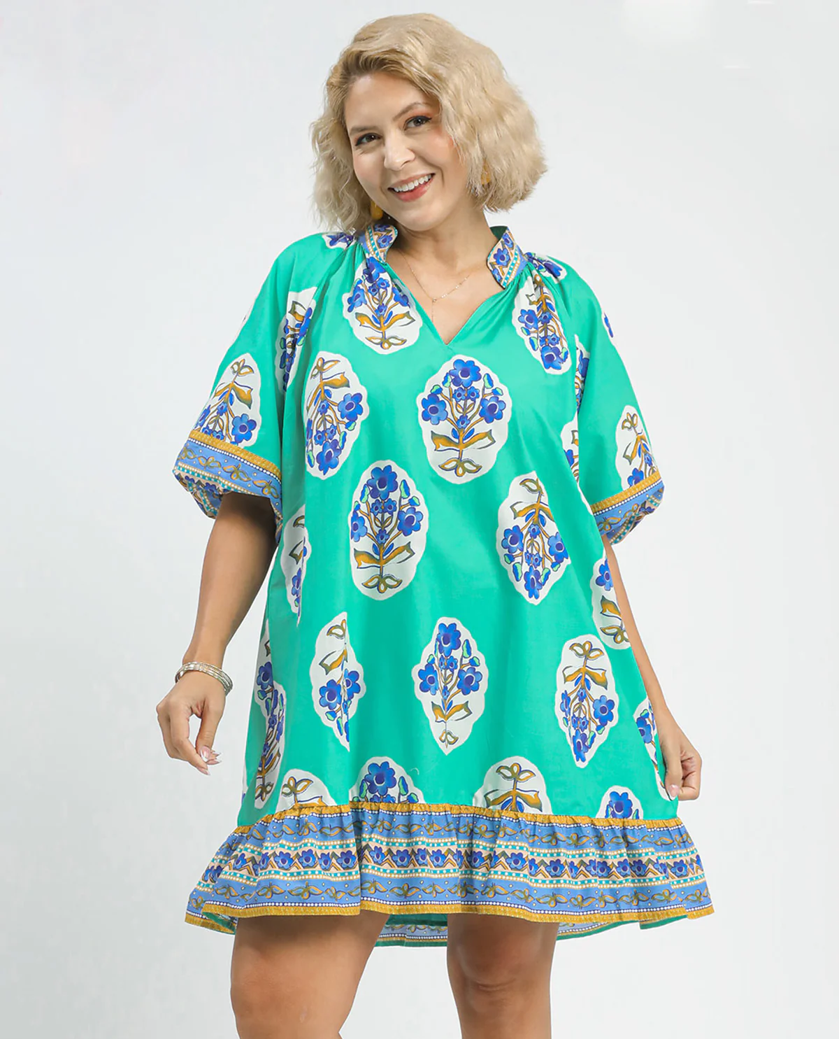 Umgee Floral Border Print V-Neck Dress Mint Blue