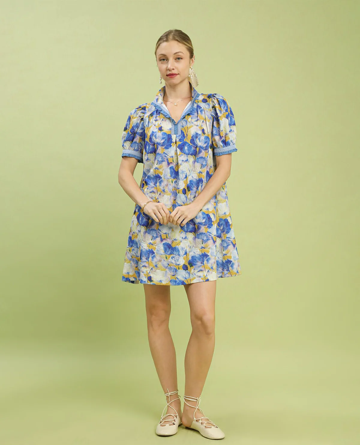 Umgee Floral Print High Neck Midi Dress Blue