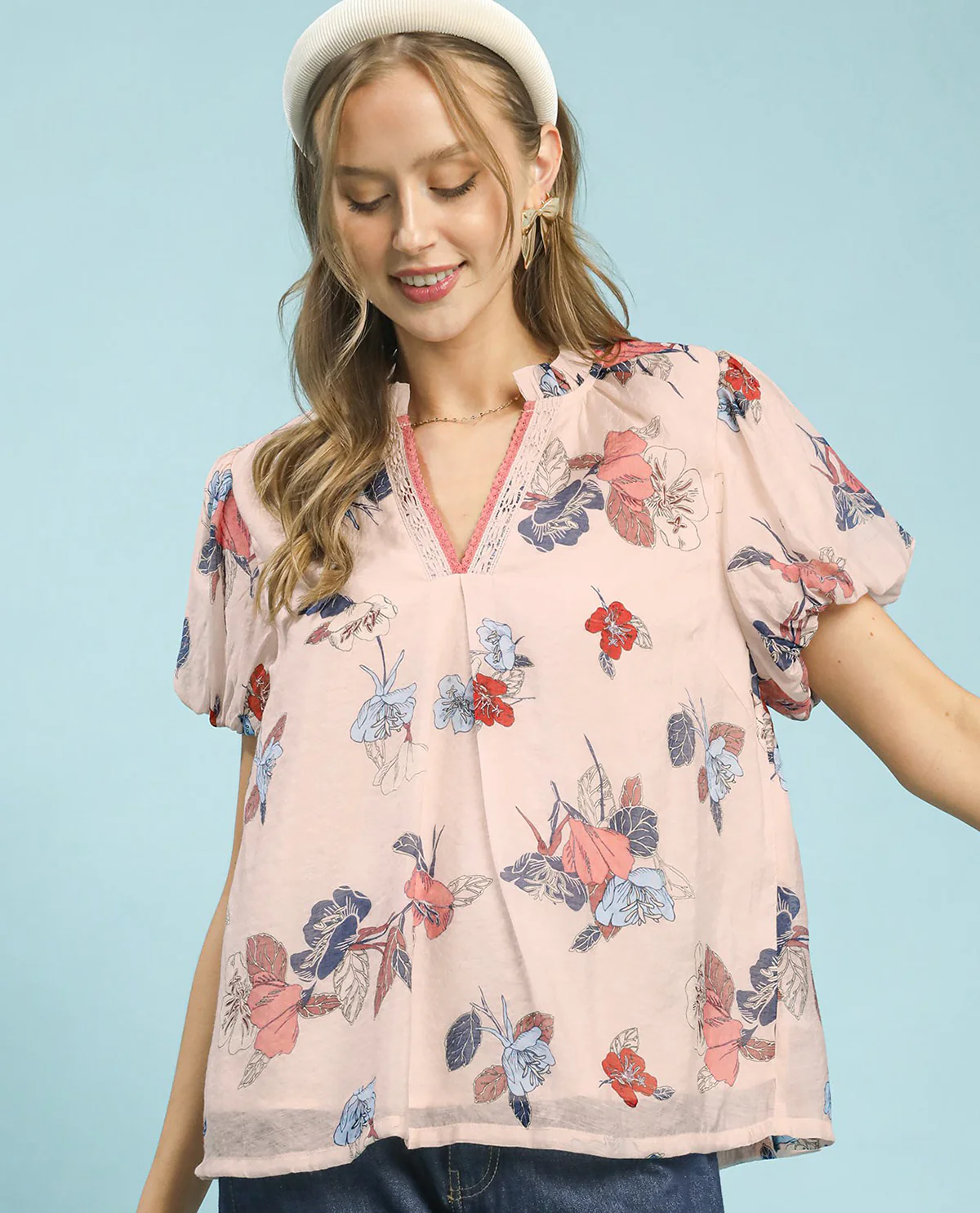 Umgee Floral Print Lace Trim Top Pink