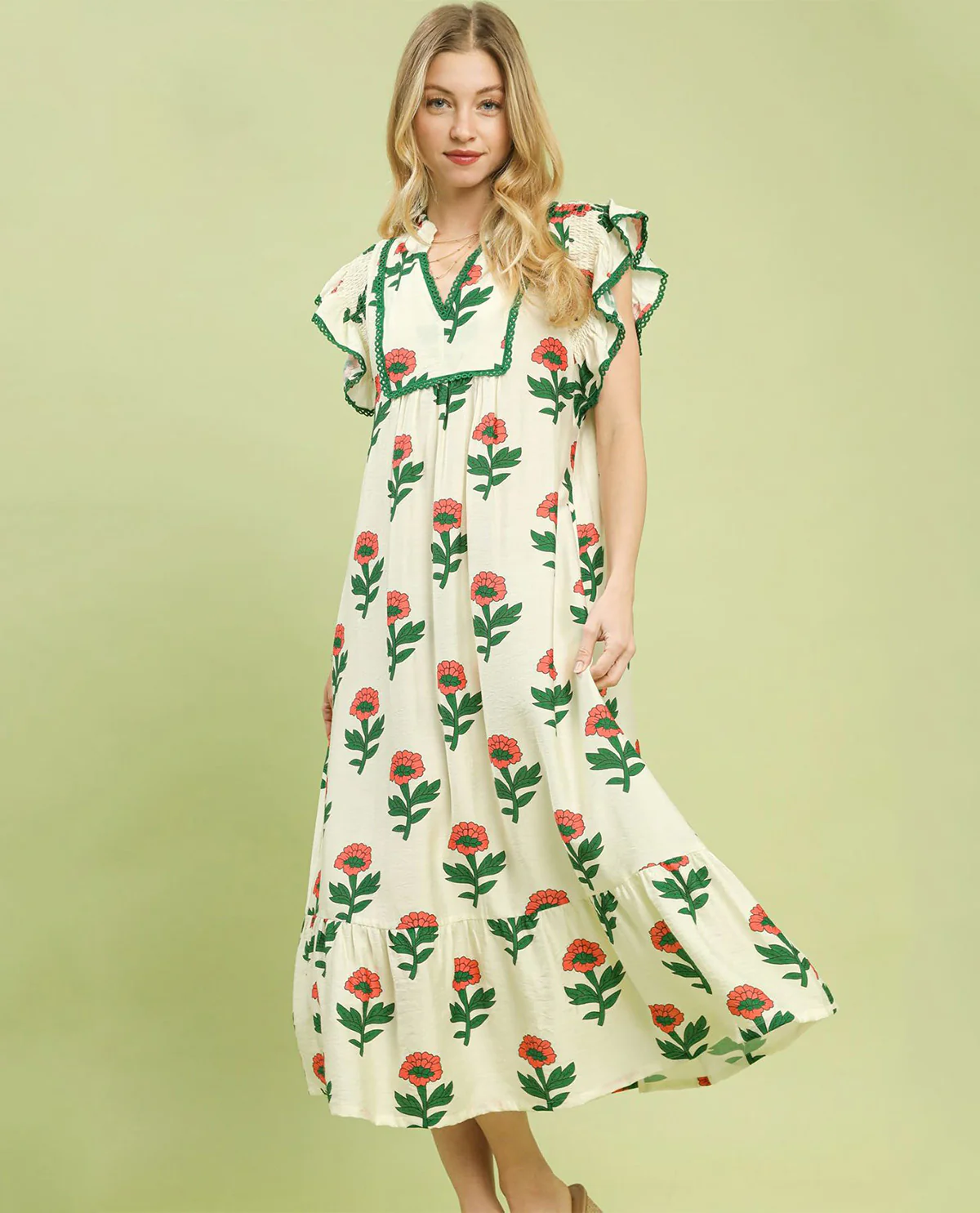 Umgee Floral Print Ruffle Neck Dress With Lace Cream