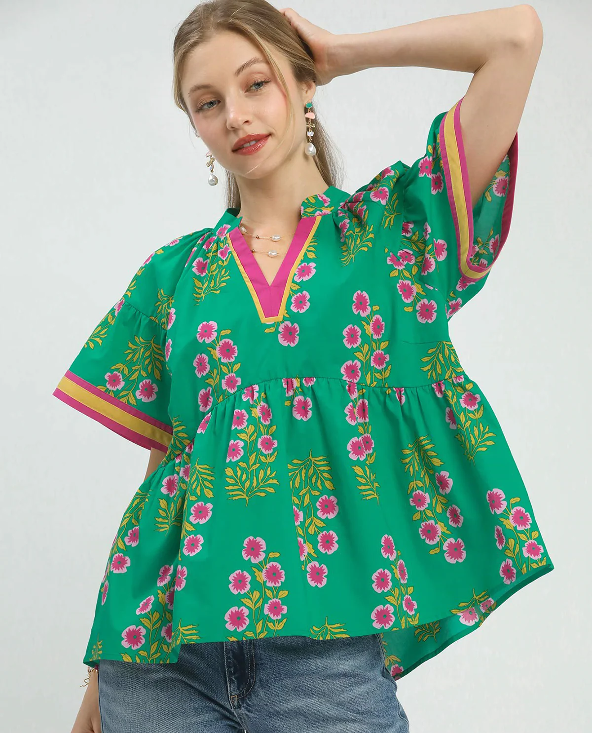Umgee Floral Print Top Green