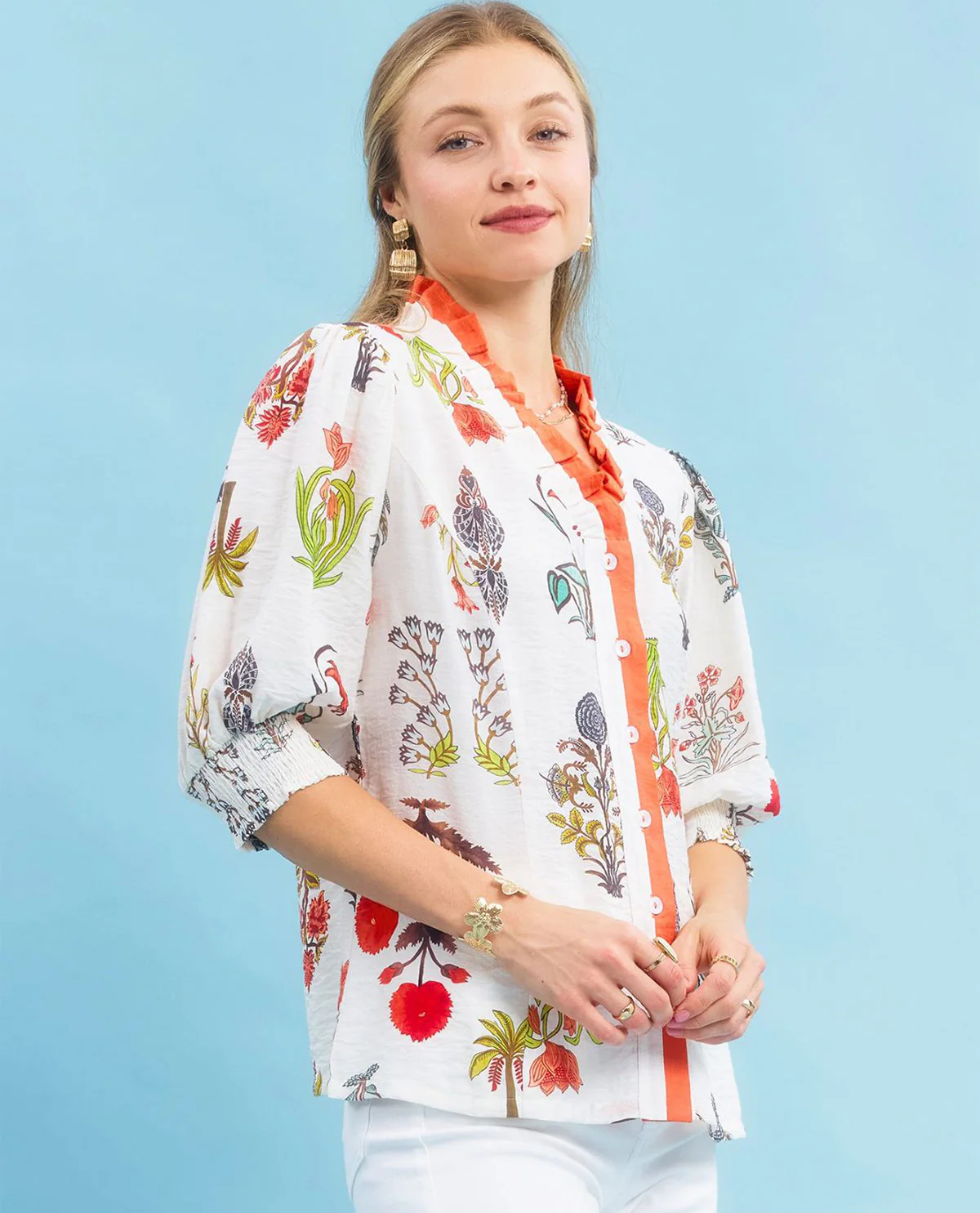 Umgee Floral Encyclopedia Print Button Down Top Cream - Image 2