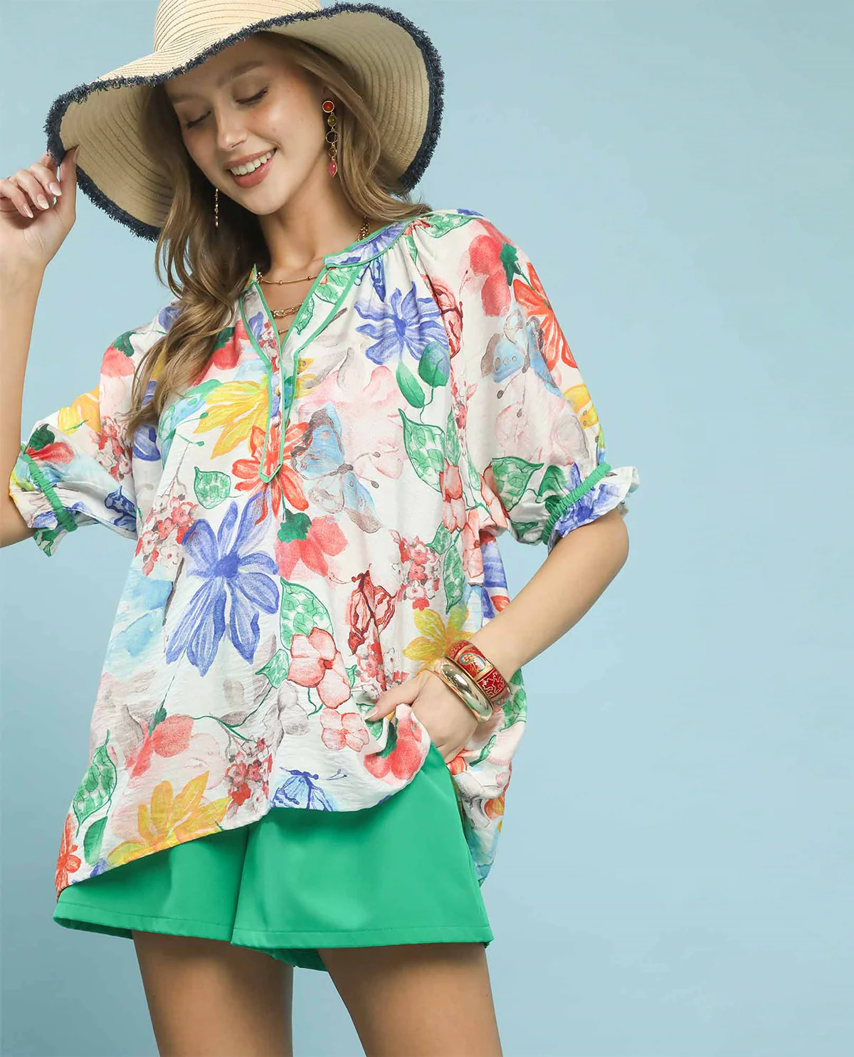 Umgee Floral V-Neck Top with Contrast Trim Green Mix