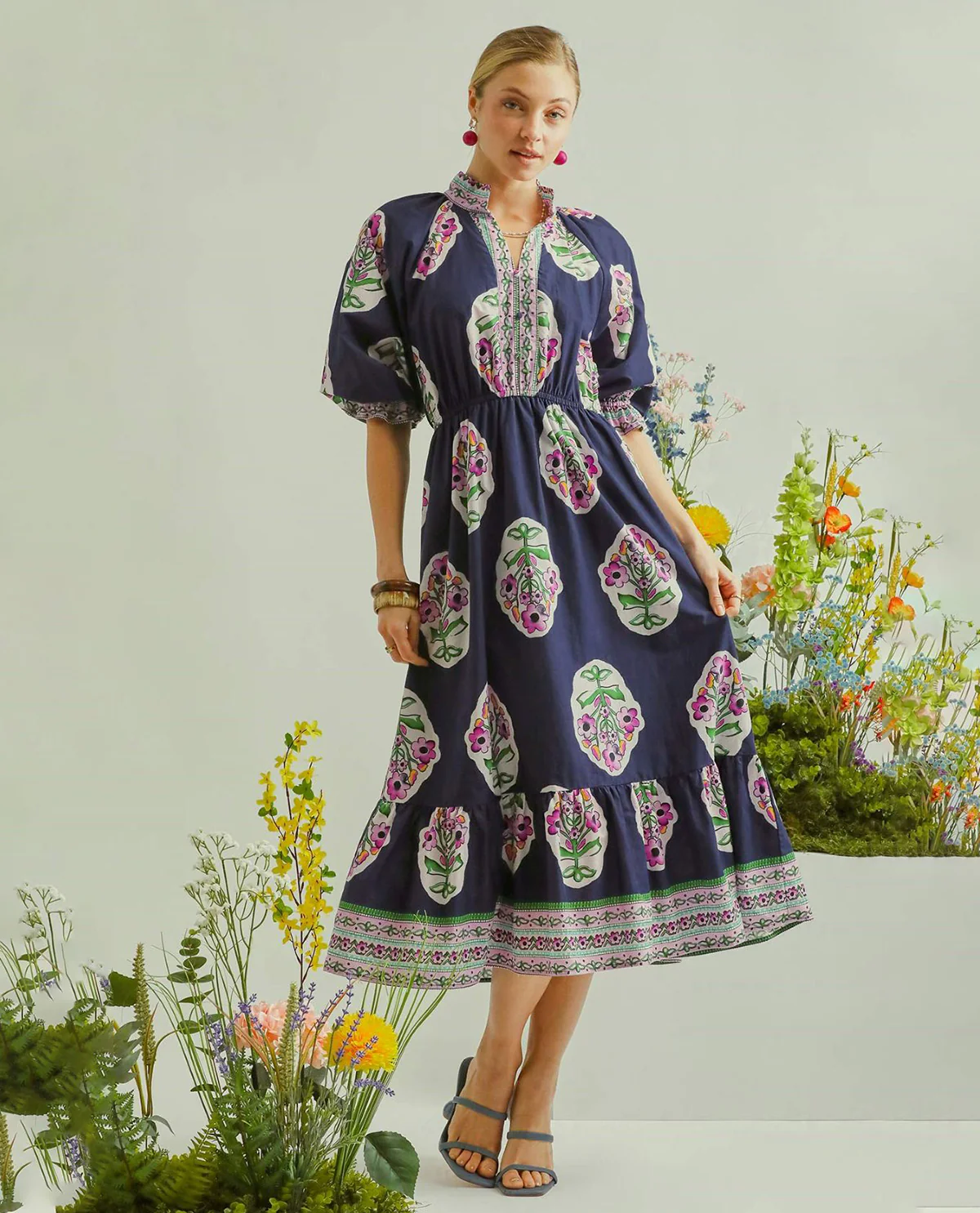 Umgee Flower Patch Border Print V-Neck Dress