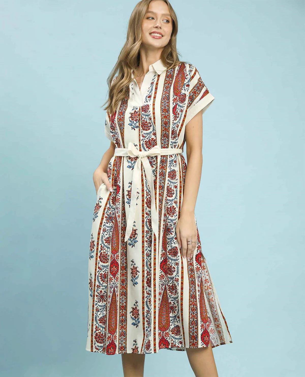 Umgee Mix Media Tie Waist Dress Cream Mix
