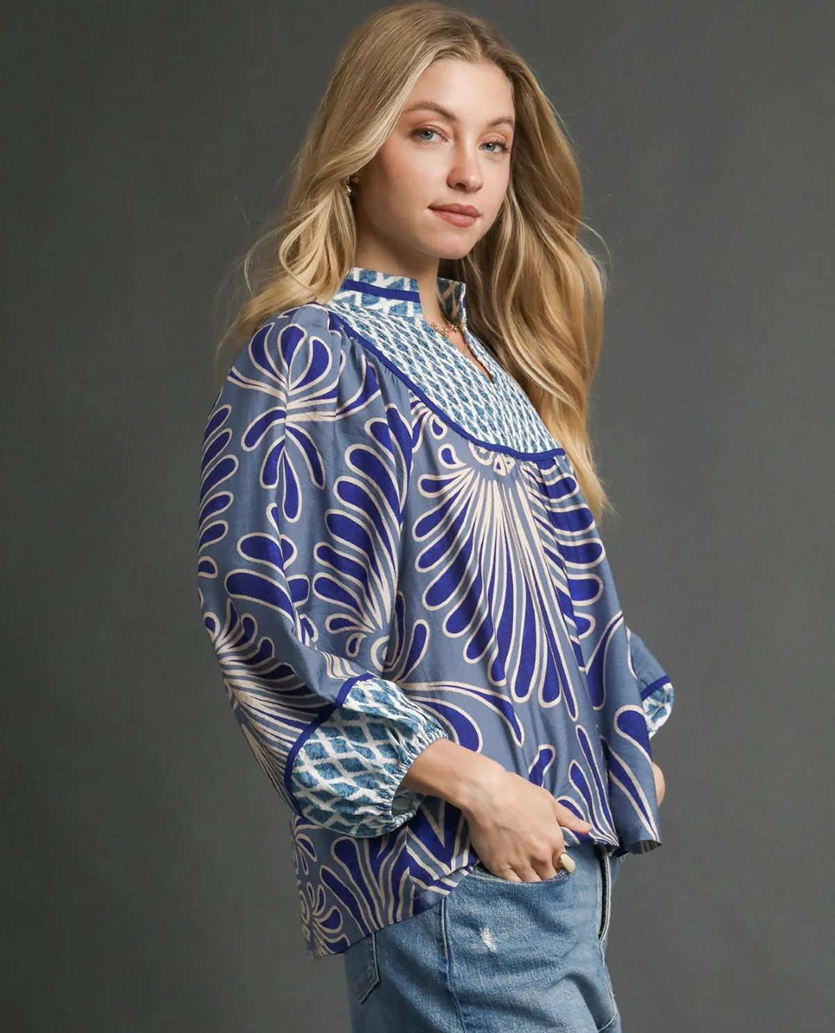 Umgee Mixed Print Top With Smocked Yoke