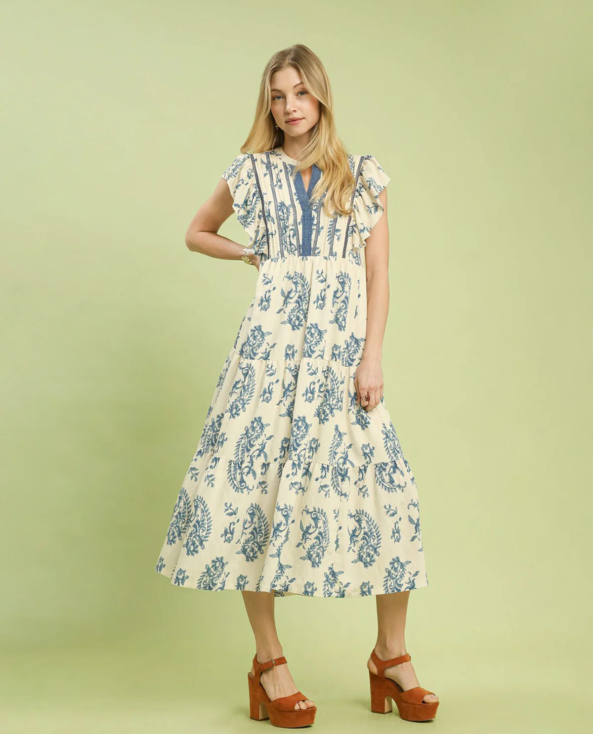 Umgee Paisley Print Tiered Dress Blue