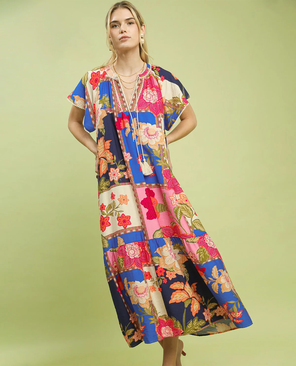 Umgee Patchwork Print Dress Blue Mix