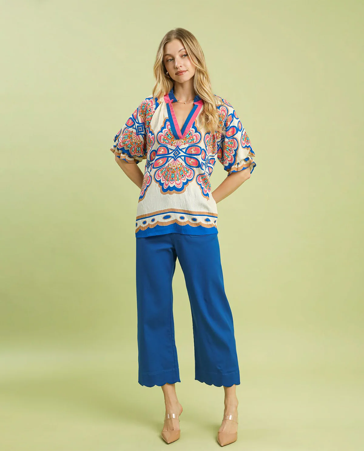 Umgee Print Bubble Sleeve V-Neck Top