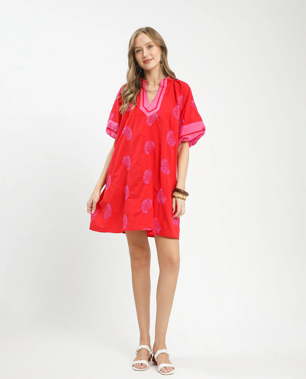 Umgee Print Dress With Contrast Trim Red