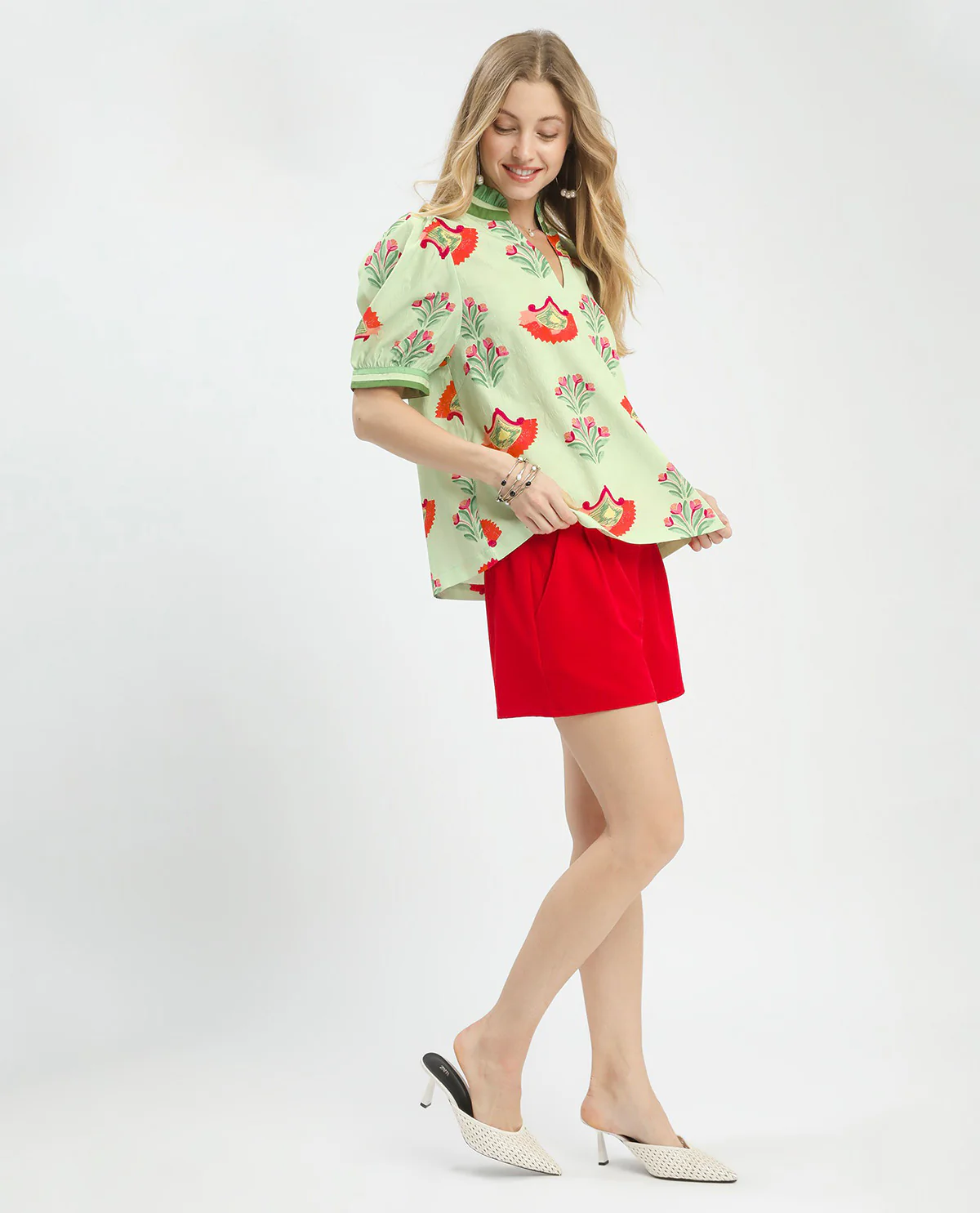 Umgee Print Puff Sleeve Top With Contrast Lt Sage