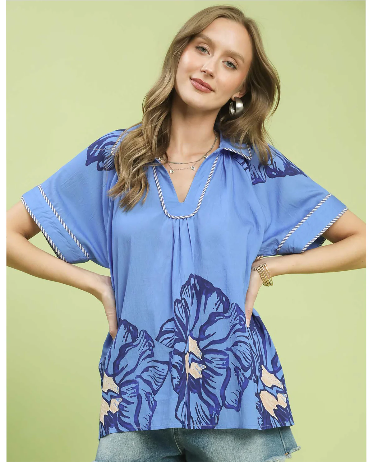 Umgee Print Split Neck Top Blue