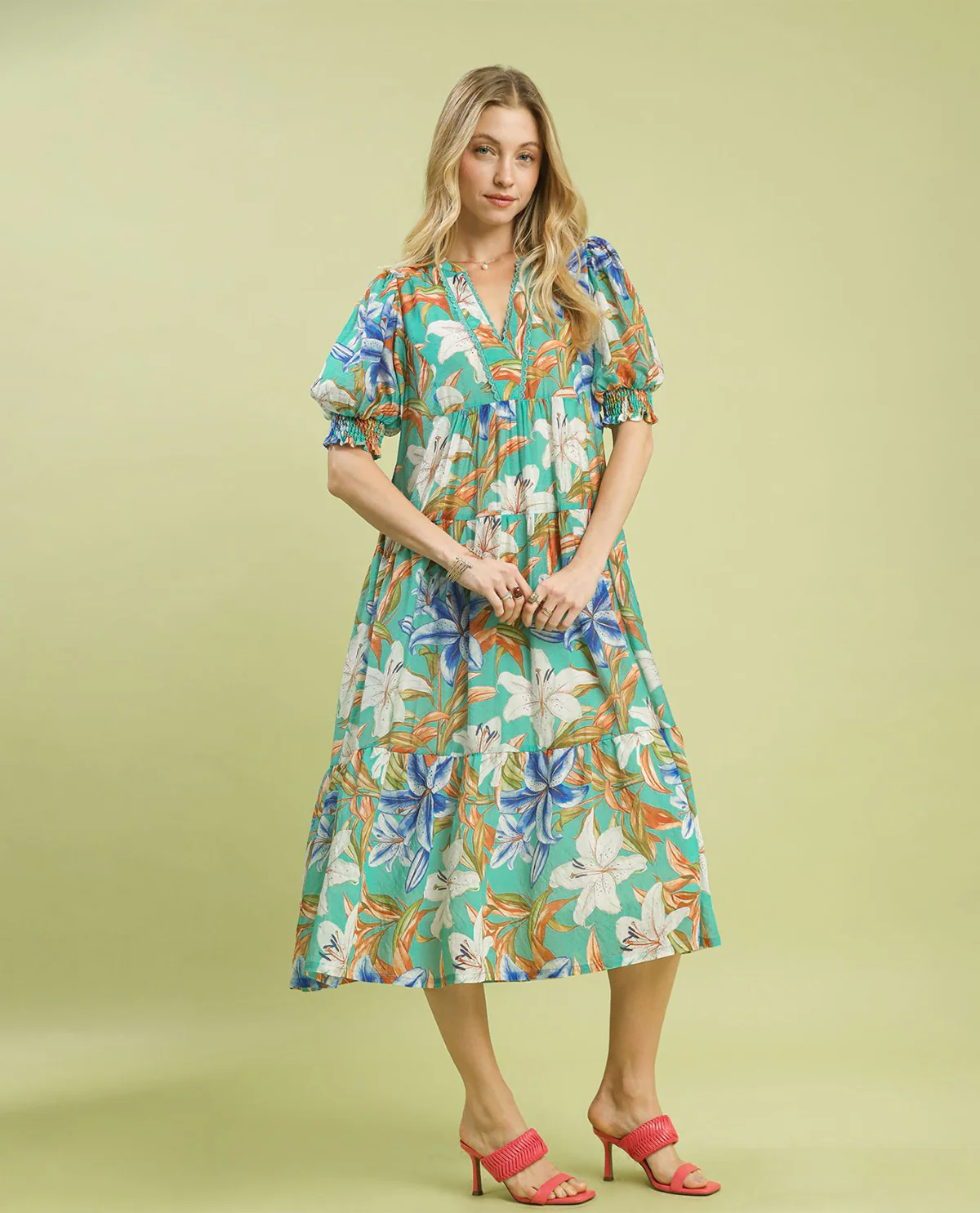 Umgee Print Tiered Dress Mint
