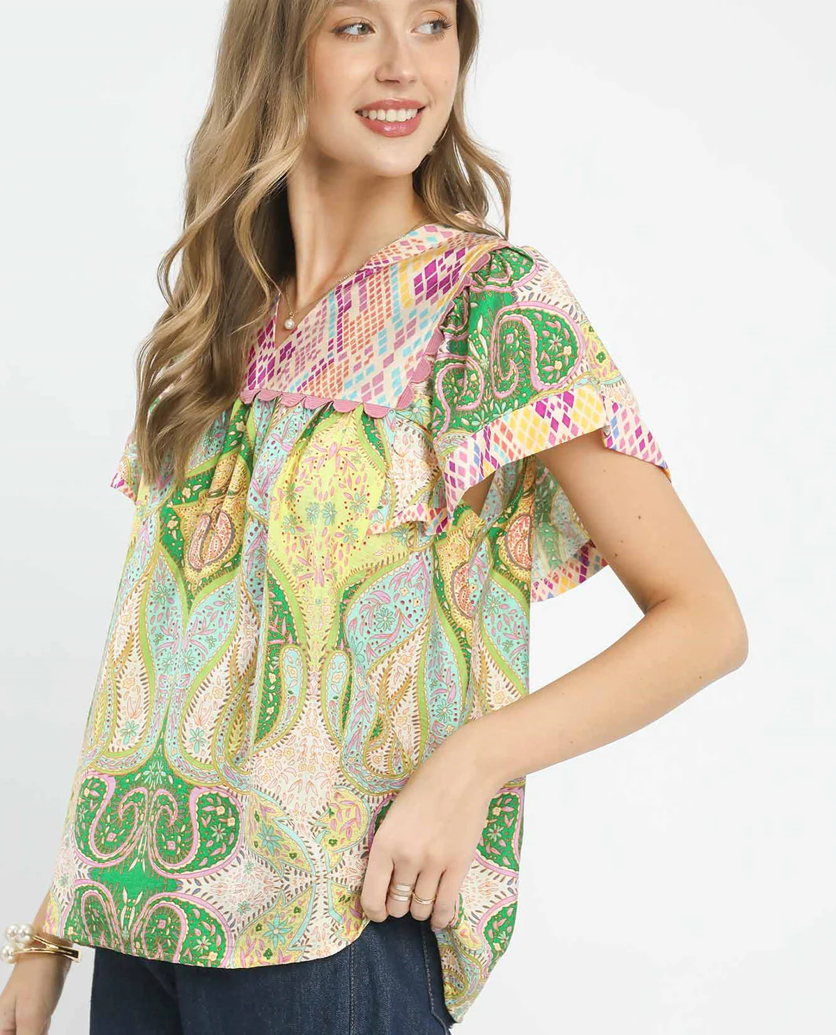 Umgee Floral Print Top Green