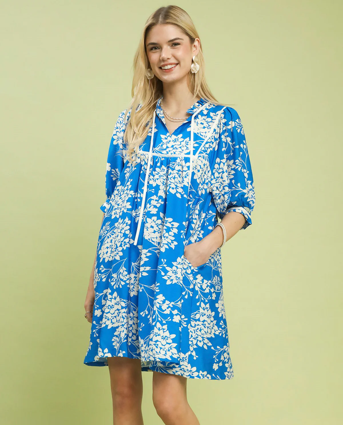 Umgee Print V-Neck Babydoll Dress Cerulean
