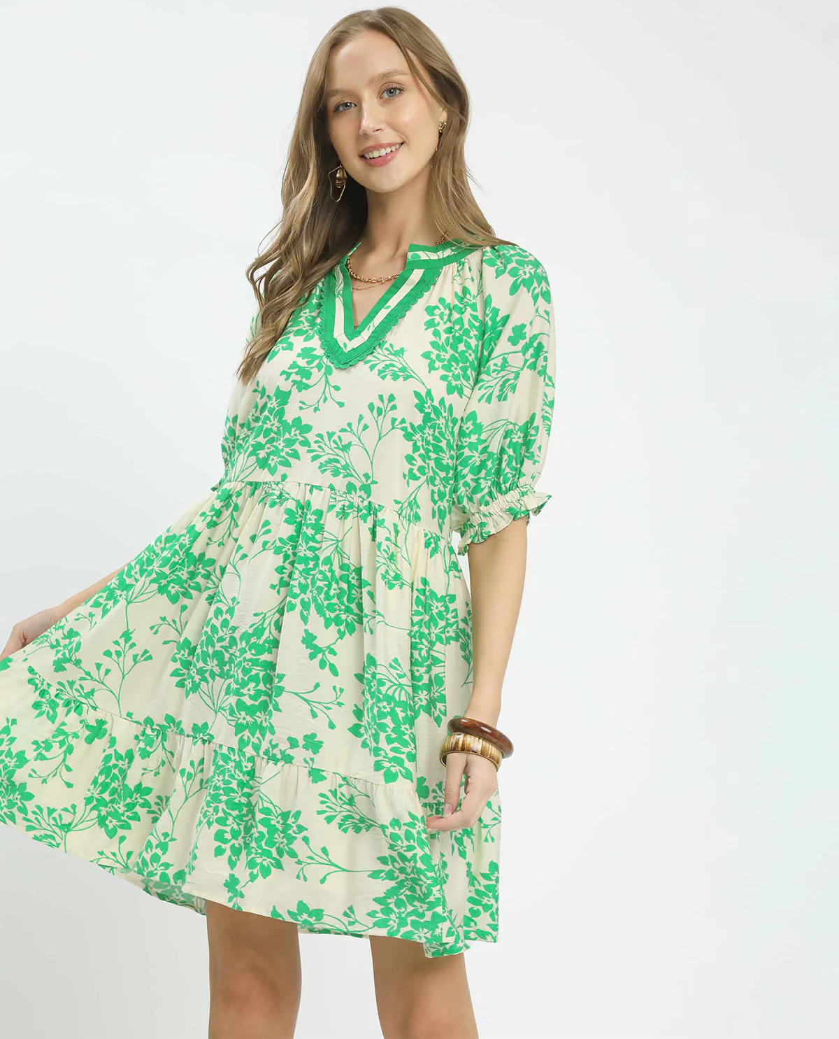 Umgee Print V-Neck Dress With Solid Trim Island Green