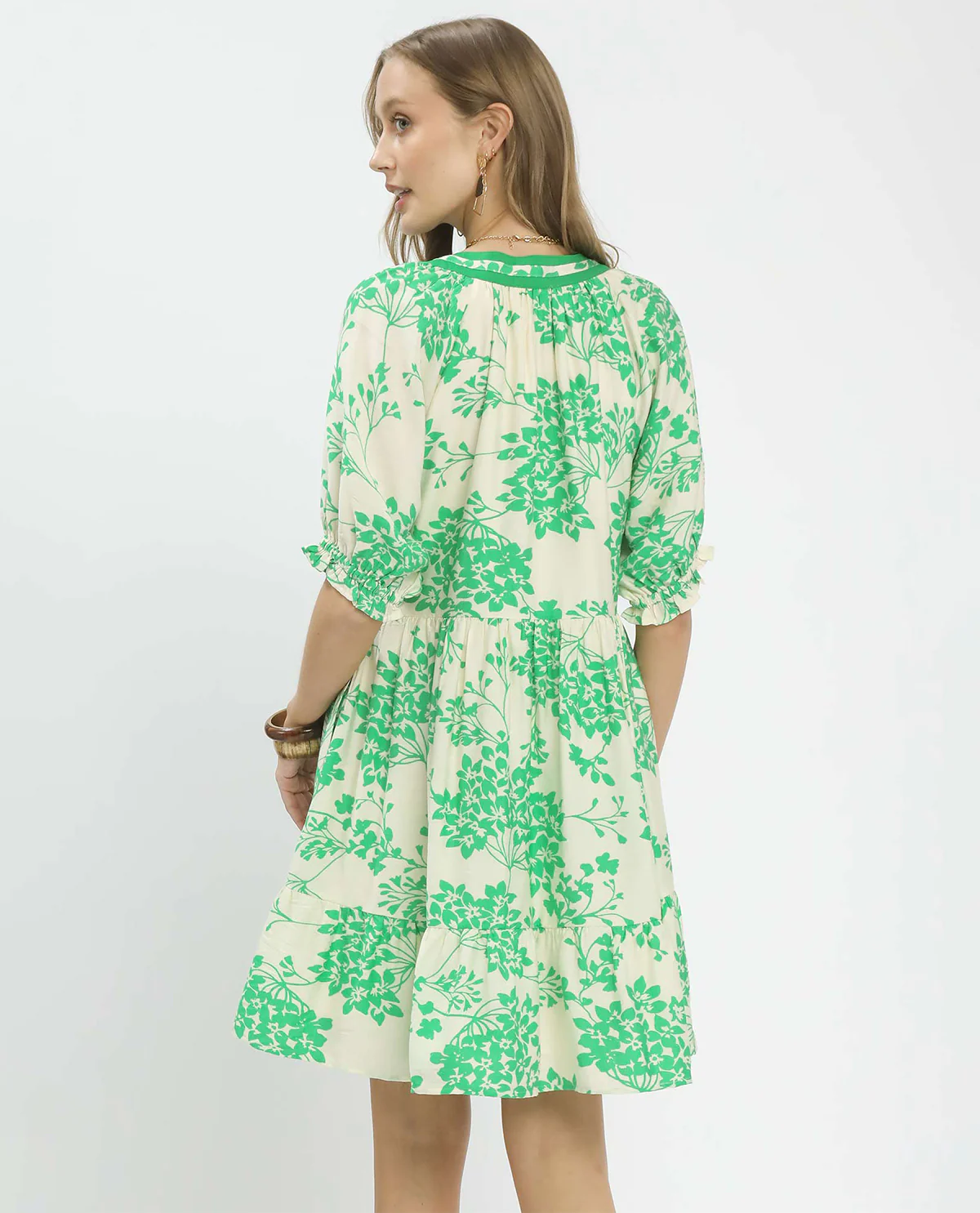 Umgee Print V-Neck Dress With Solid Trim Island Green - Image 3