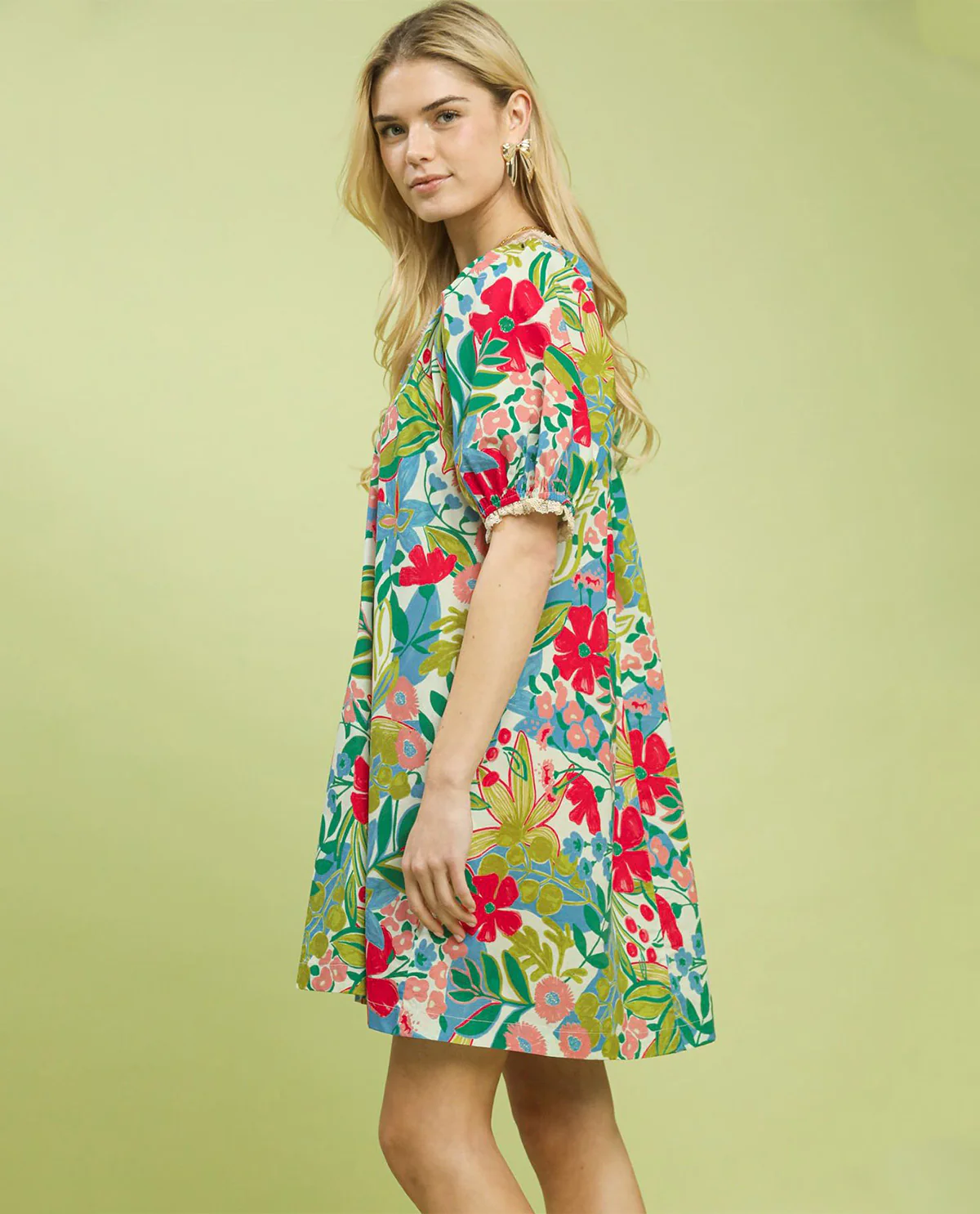 Umgee Print V-Neck Dress With Lace Trim Cream