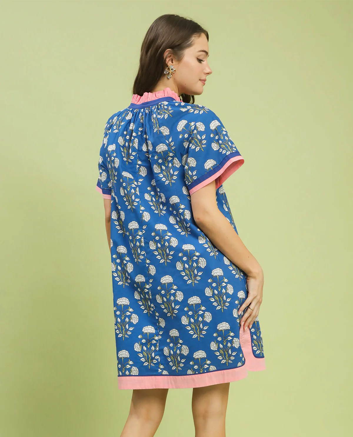 Umgee Print V-Neck Ruffle Collar Dress Ocean - Image 3