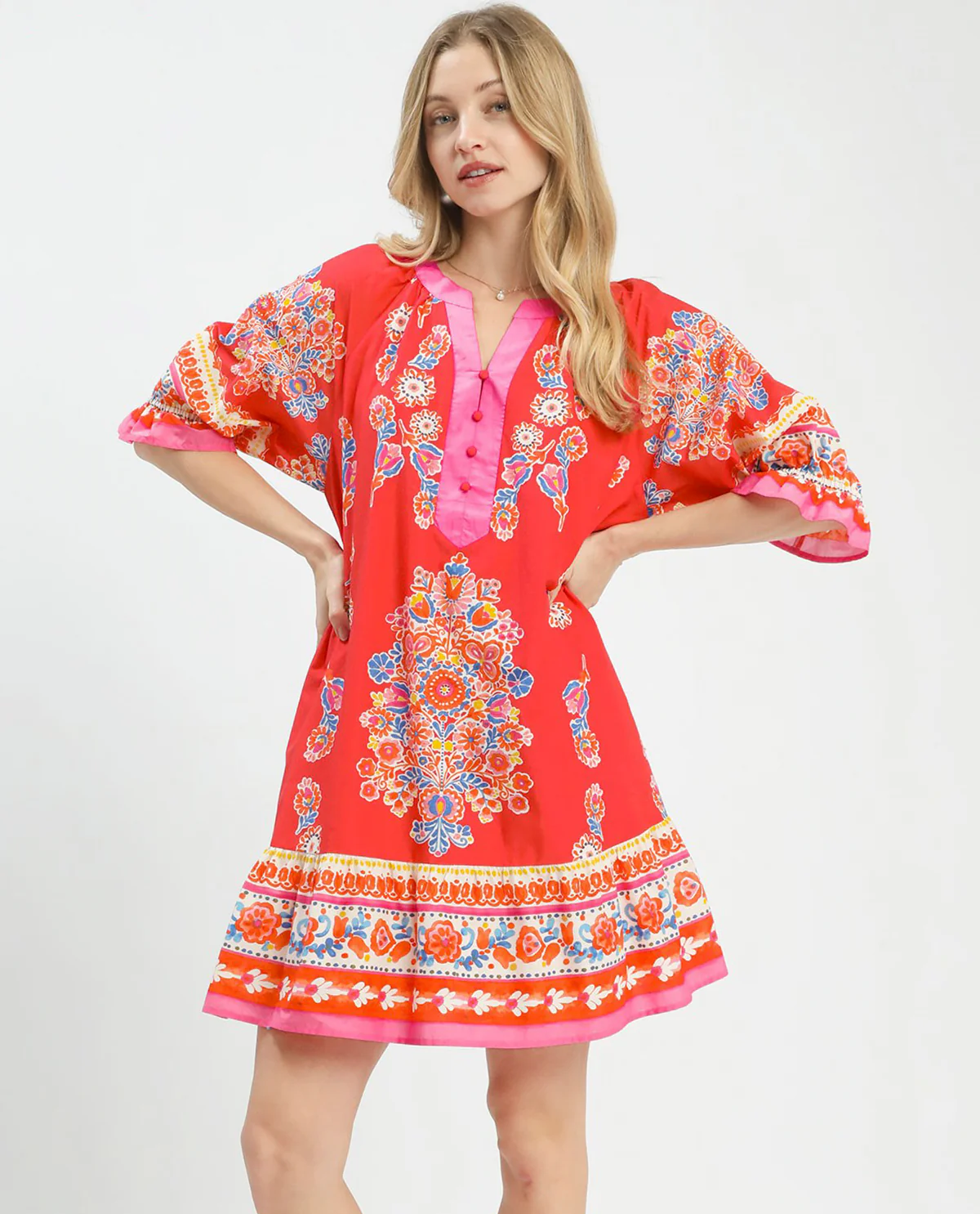 Umgee Printed Henley Tiered Dress Tea Berry