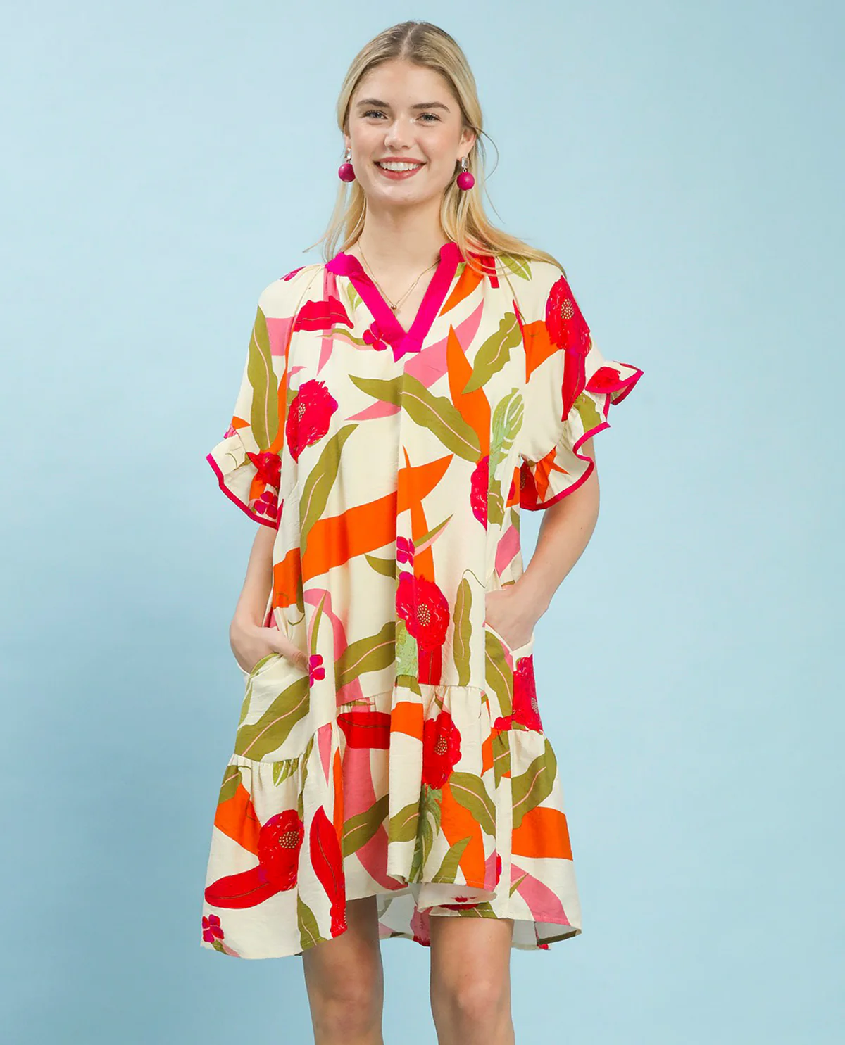 Umgee Printed V-Neck Dress Cream Mix
