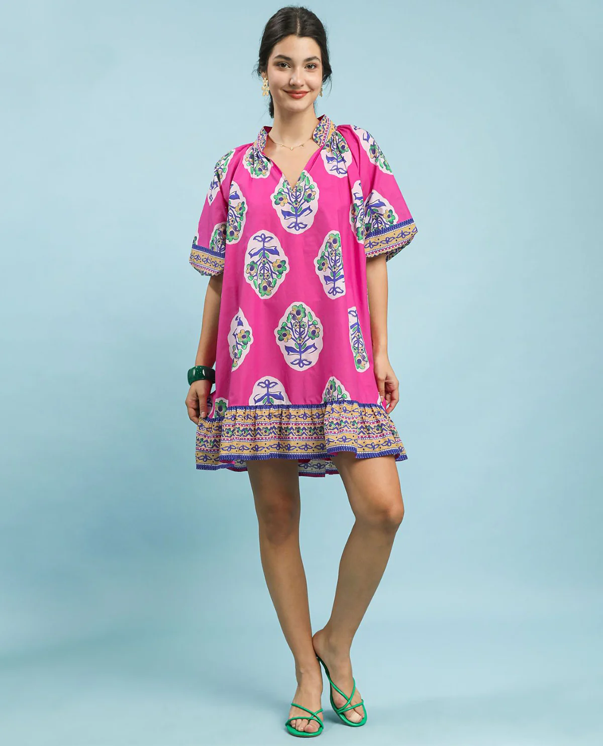Umgee Flower Print V-Neck Dress With Short Wide Sleeves Fuchsia
