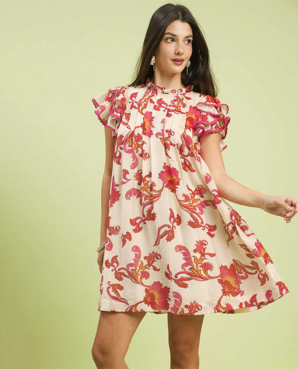 Umgee Print Pleat Front Dress Pink