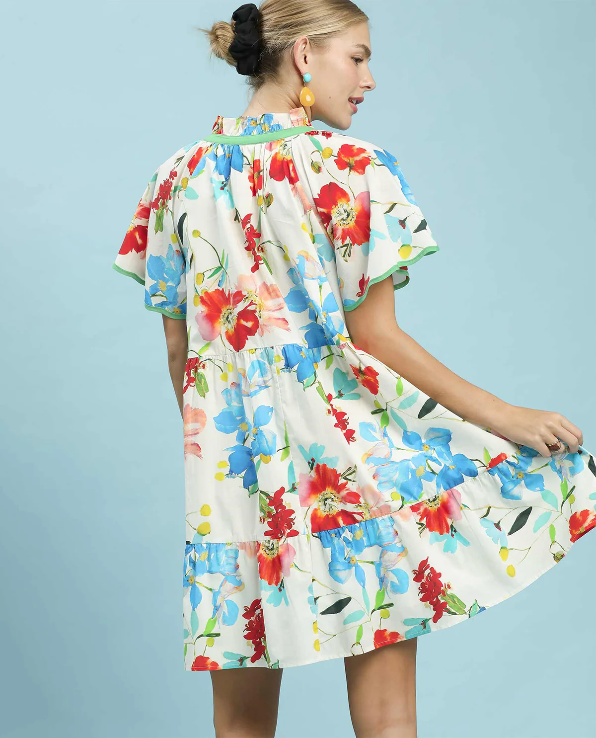 Umgee Print Tiered Dress With Solid Trim Cream - Image 3