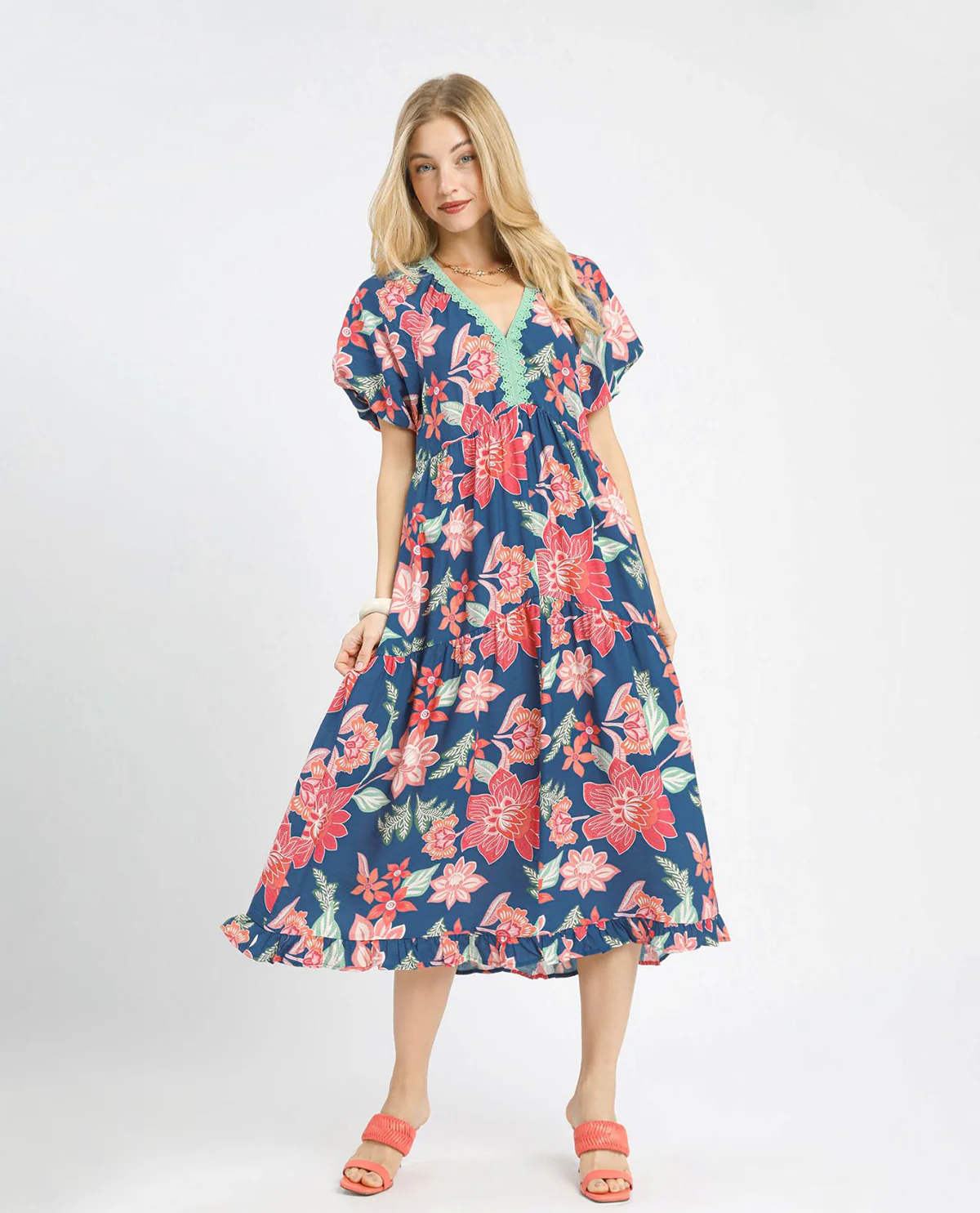 Umgee Floral Print V-Neck Tiered Dress Navy