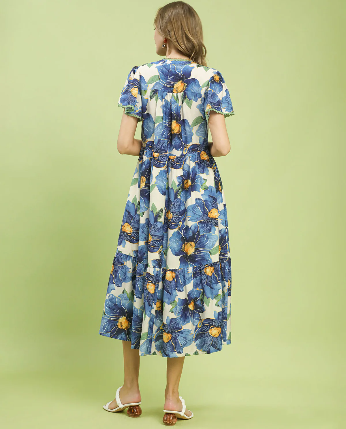 Umgee Print V-Neck Tiered Dress Blue - Image 3