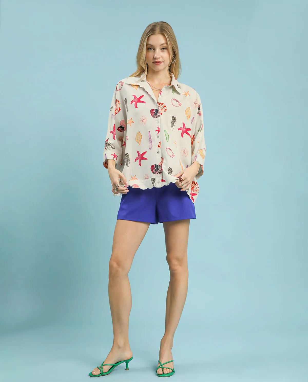 Umgee Seashell And Starfish Print Top Coral