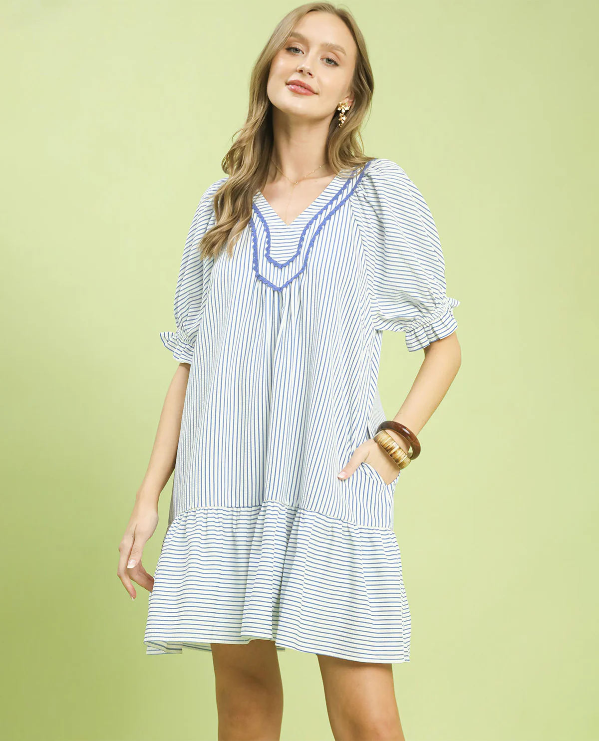 Umgee Seersucker Stripe Dress Sky