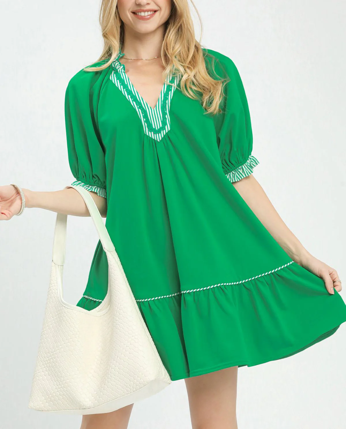 Umgee Solid Dress With Stripe Trim Green