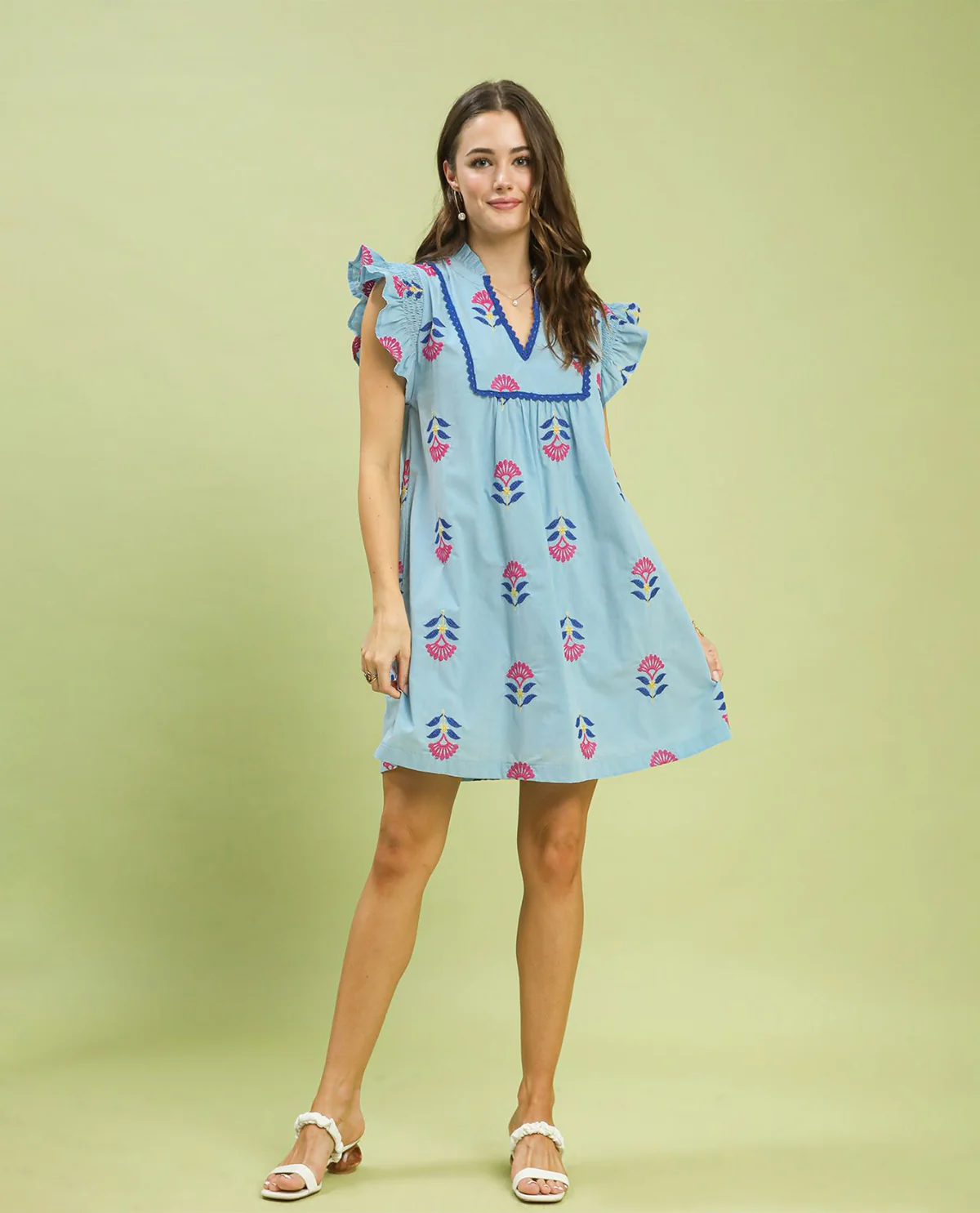 Umgee Print Embroidered Dress Blue