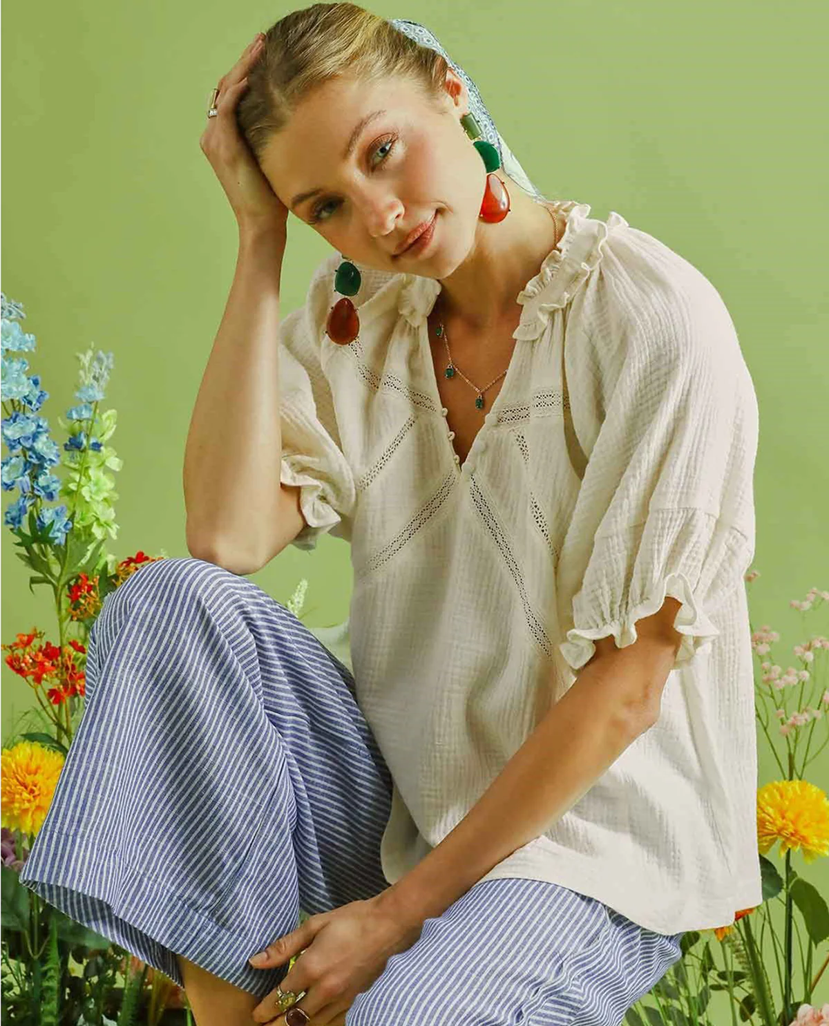 Umgee Solid Gauze Ruffle Trim Top