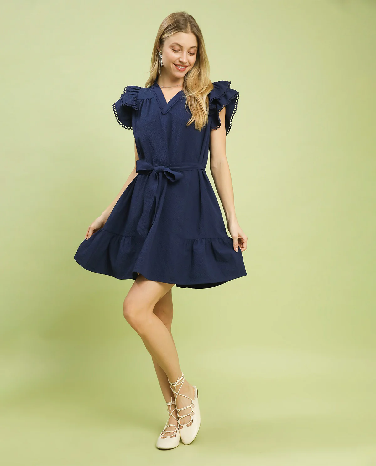 Umgee Solid Seersucker Tie Waist Dress Navy