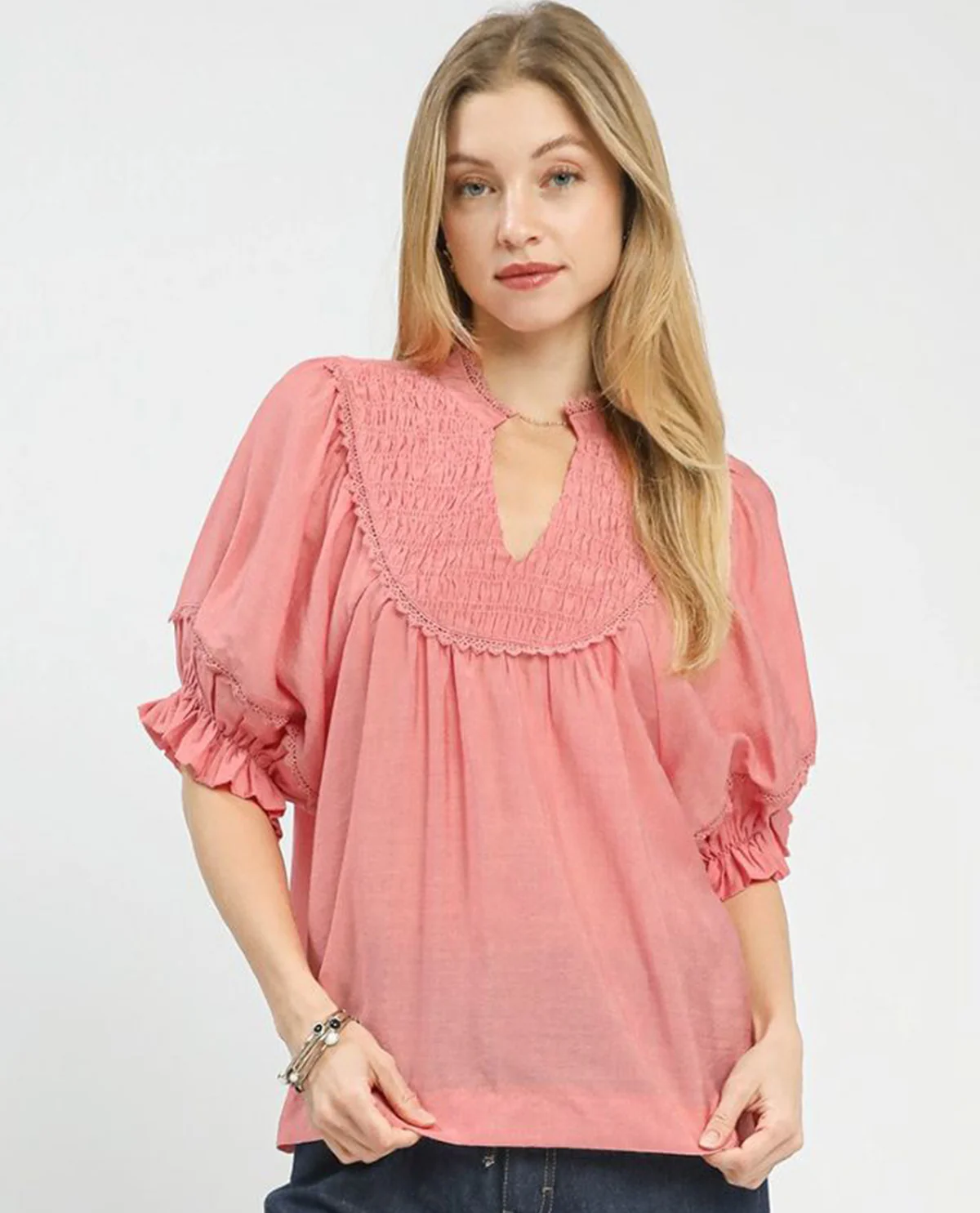 Umgee Solid Smocked Yoke Top With Ruffle Sleeves