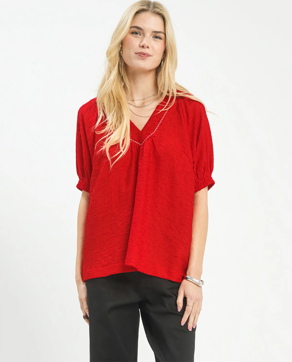 Umgee Solid Texture V-Neck Top Red
