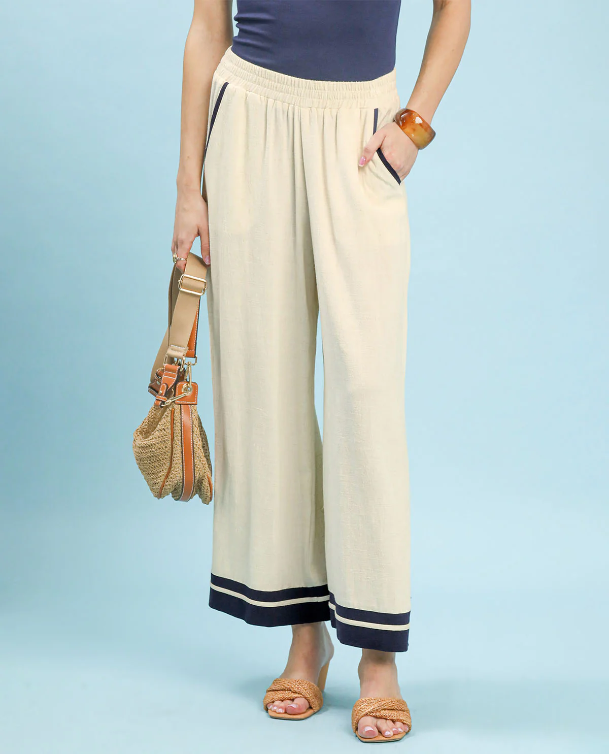 Umgee Solid Trim Wide Leg Pant Oatmeal