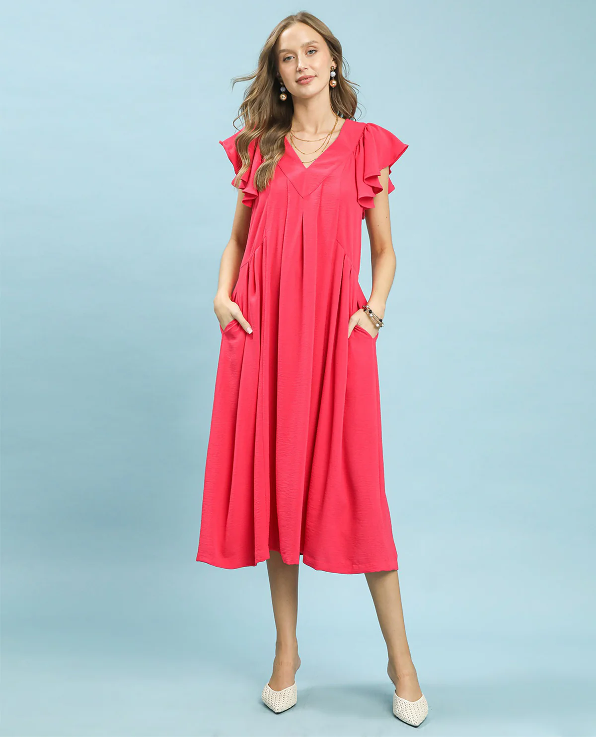 Umgee Solid V-Neck Ruffle Sleeve Dress Pink